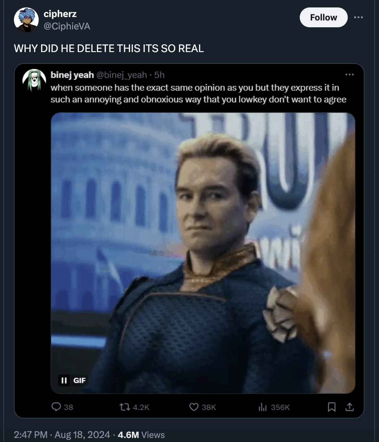 homelander cough gif - cipherz Why Did He Delete This Its So Real binej yeah yeah5h when someone has the exact same opinion as you but they express it in such an annoying and obnoxious way that you lowkey don't want to agree Ii Gif 38 38K 4.6M Views